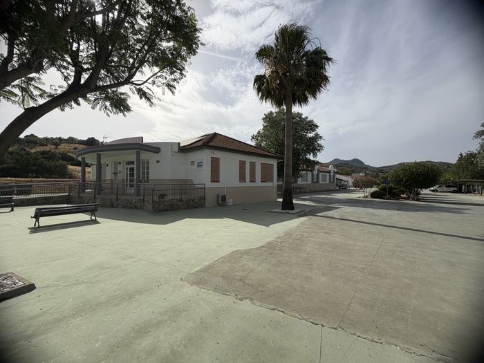 Patio exterior del centro con suelo pavimentado, arbolado y edificio al fondo